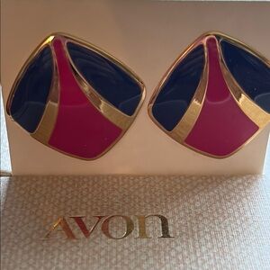 90s Avon Fashion Earrings Hot Pink Royal Blue Gold Square Vintage Statement 343